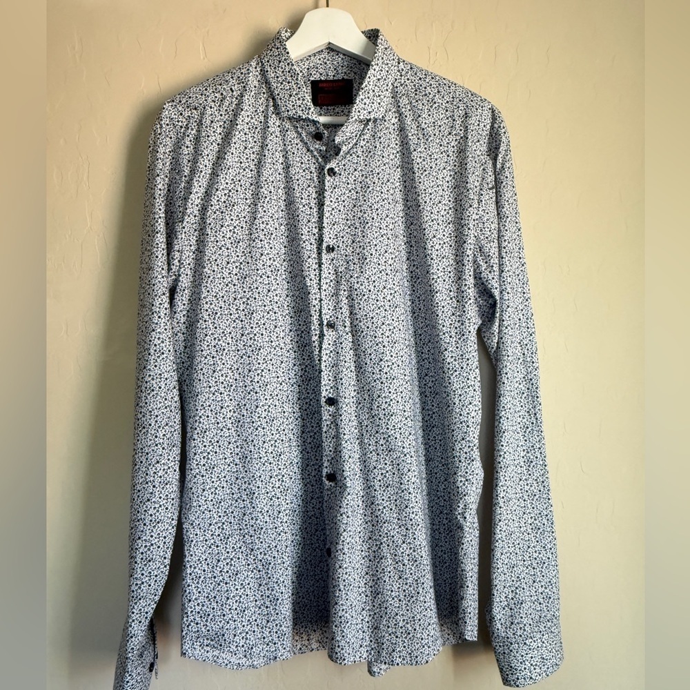 Jared Lang After Hours Men’s Collared Button Down Shirt White Navy Floral Large